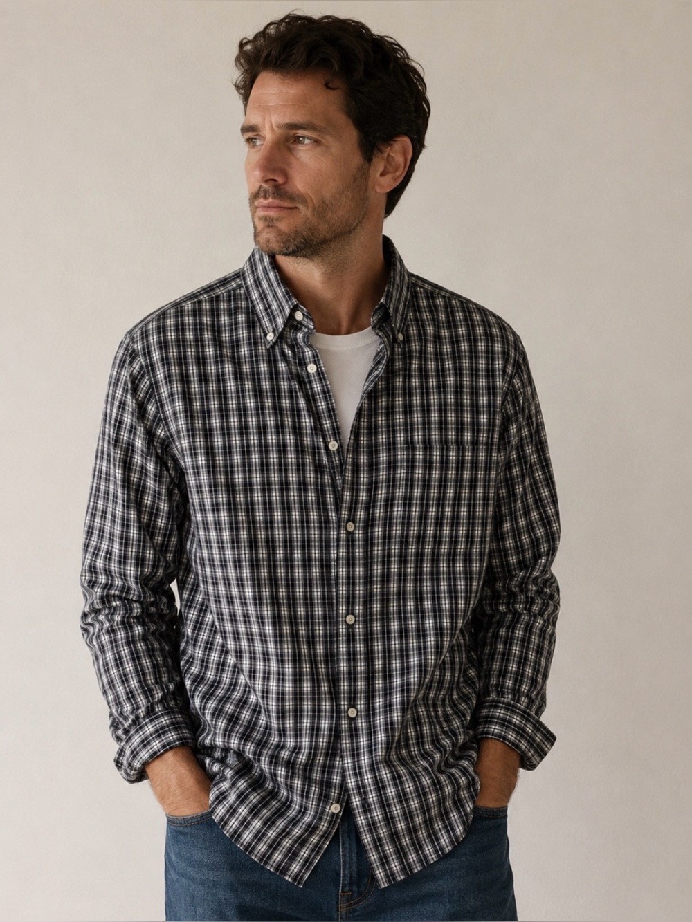 Stafford Navy, White & Yellow Plaid Dress Shirt